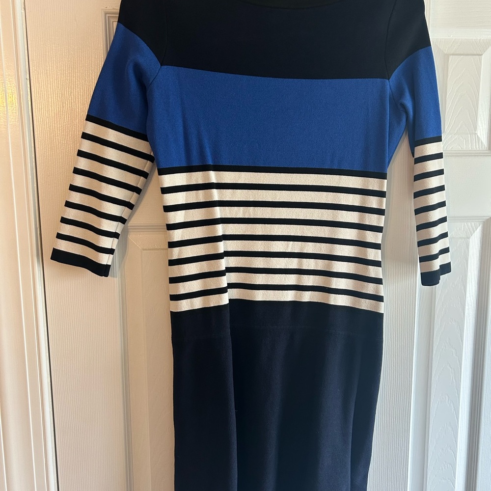 Kate Spade Blue Sheath Dress with 3/4 Sleeves and Bateau Neckline